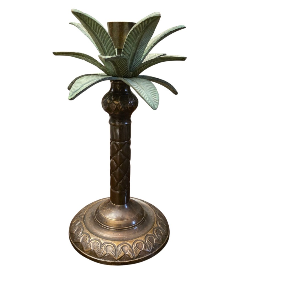 Vintage Palm Tree Brass Metal Candlestick Holder, Made in India, 9" Tall - Picture 2 of 6